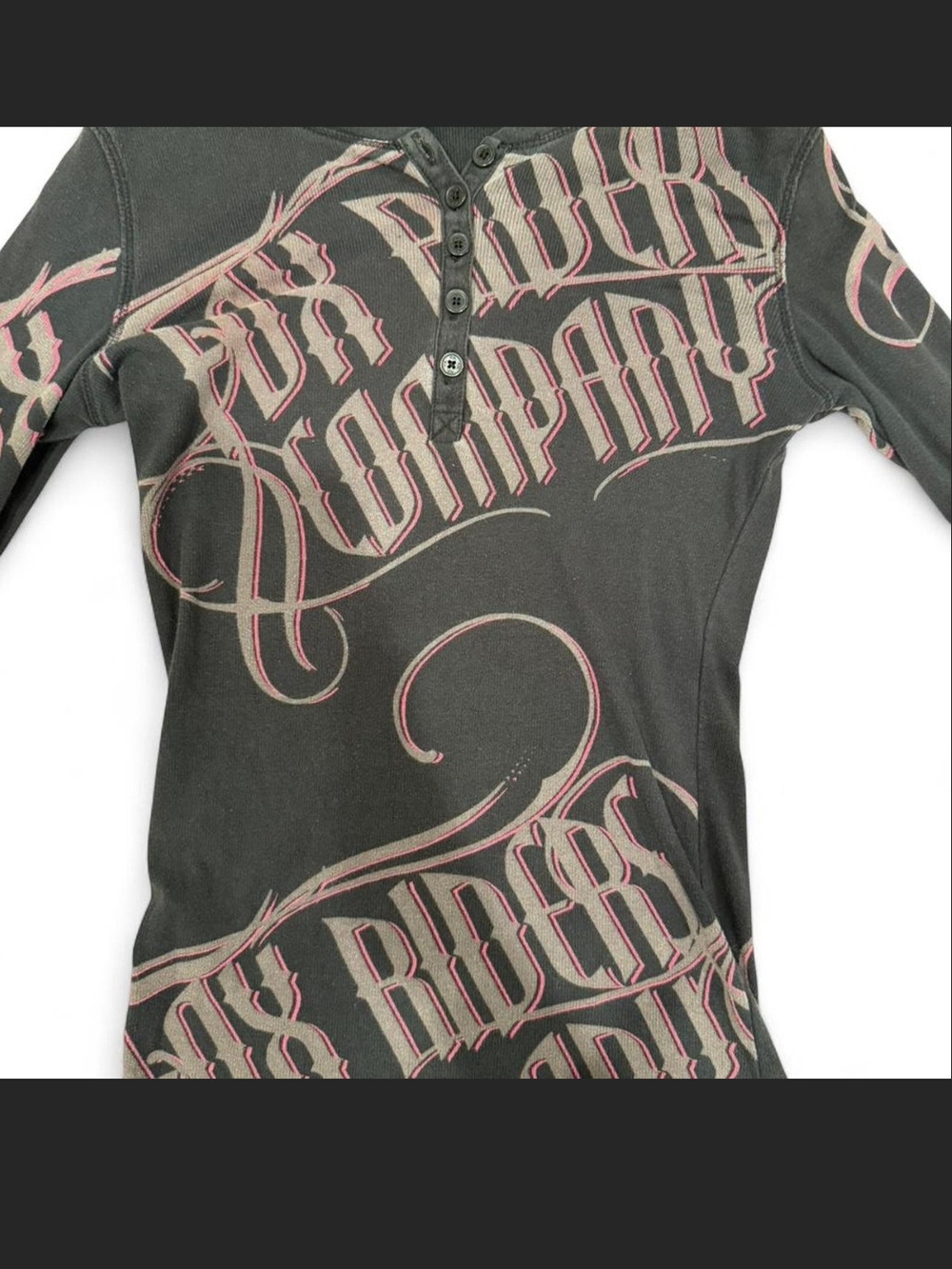 Fox Racing Vintage Black Henley Top with Pink Accent Script. M